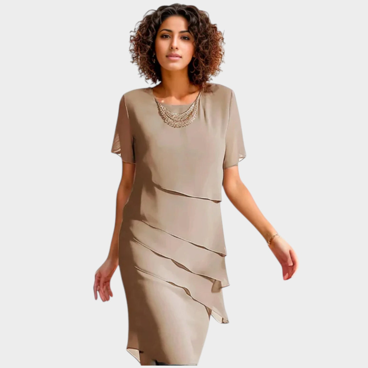 Women’s Layered Chiffon Midi Dress Short Sleeves