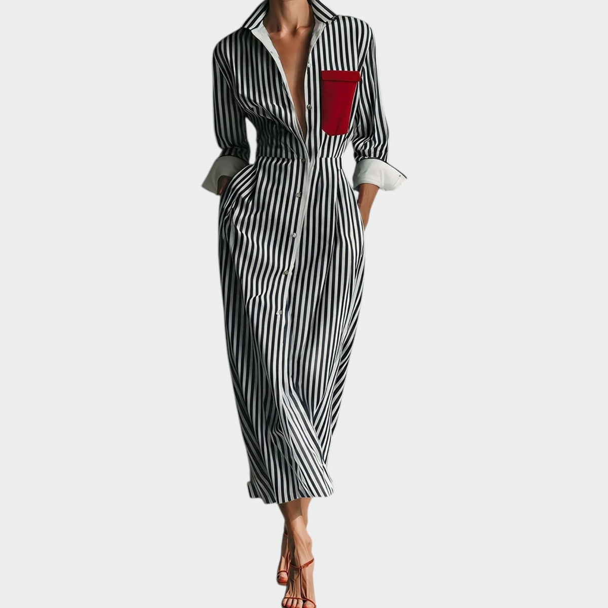 Women’s Striped Shirt Maxi Dress with Button Front and Contrast Chest Pocket