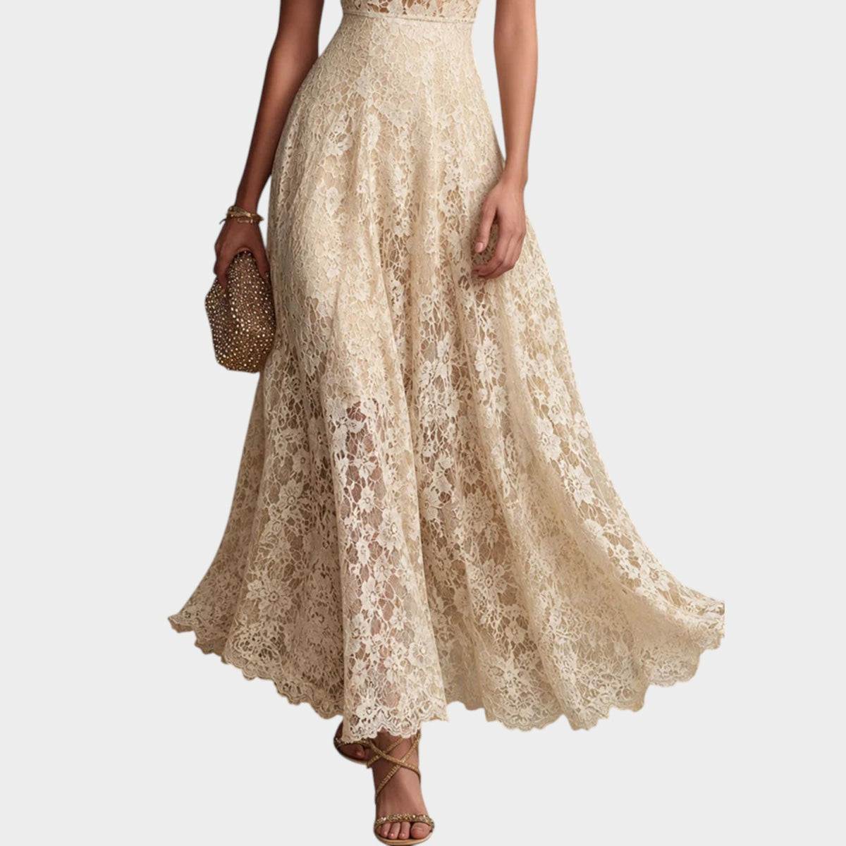 Women’s Ivory Lace Maxi Dress with Halter Neckline and Scalloped Hem