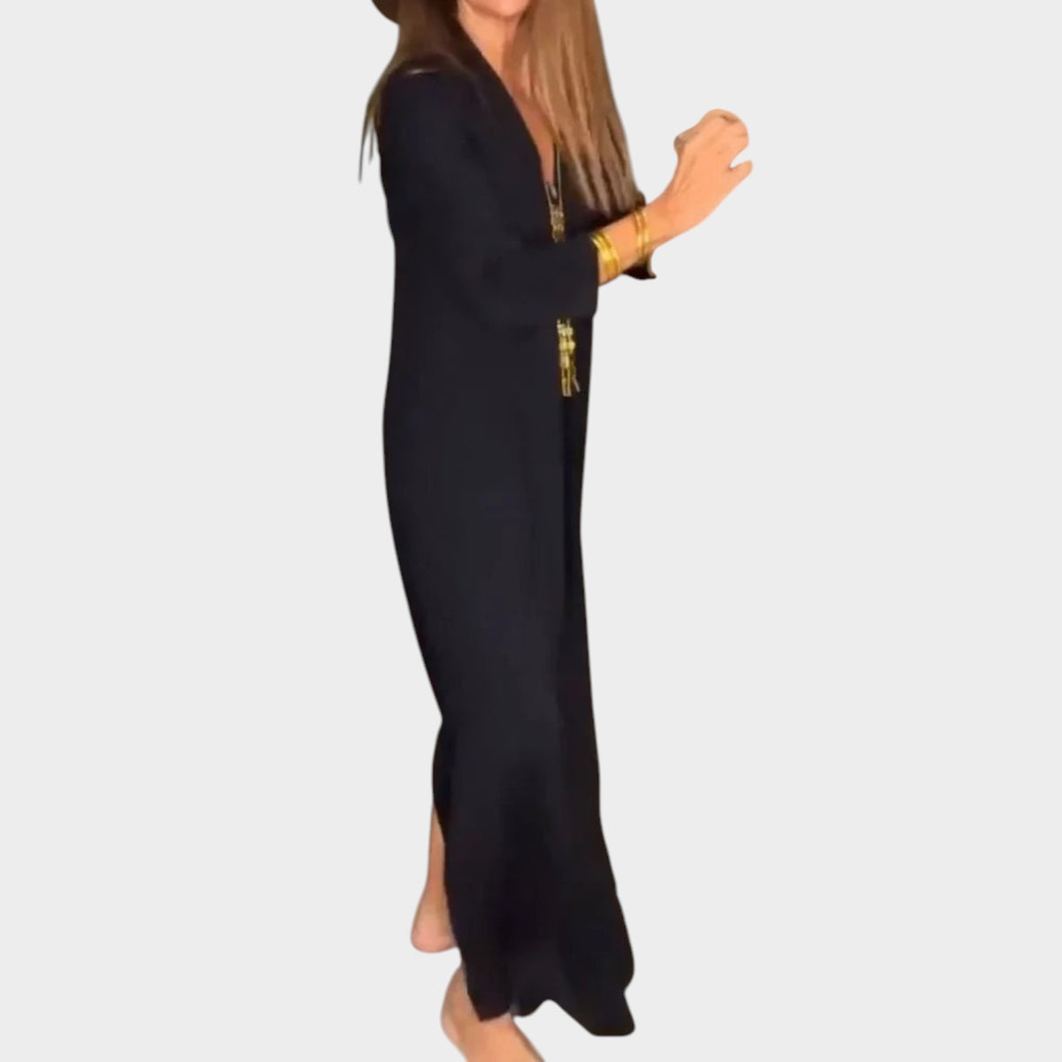 Women’s V-Neck Maxi Dress with Three-Quarter Sleeves and Relaxed Fit