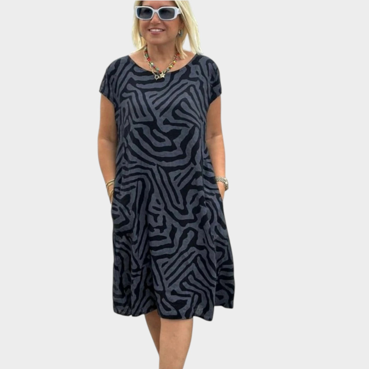Women’s Abstract Print Midi Dress with Round Neck and Side Pockets
