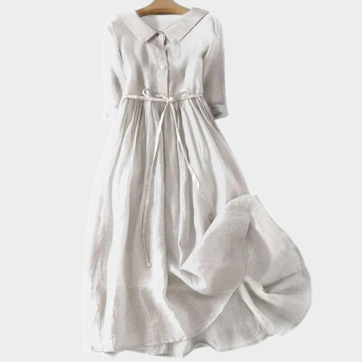 Women’s Maxi Shirt Dress Collared Button Front Three-Quarter Sleeves Waist Tie