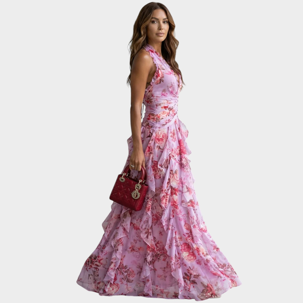 Women’s Floral Halter Neck Maxi Dress with Ruched Waist and Layered Ruffle Skirt