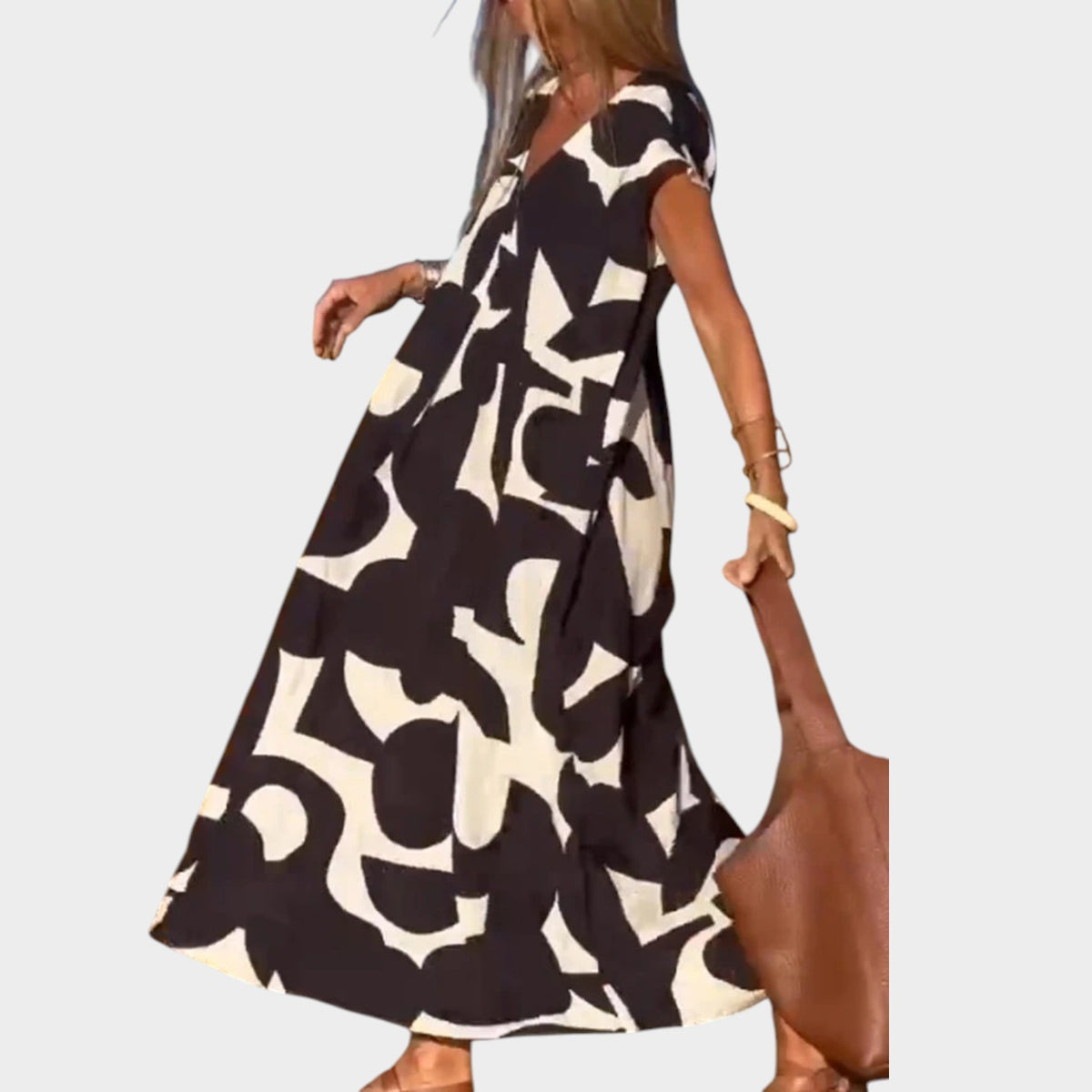 Women’s Abstract Print Maxi Dress with V-Neck and Short Sleeves