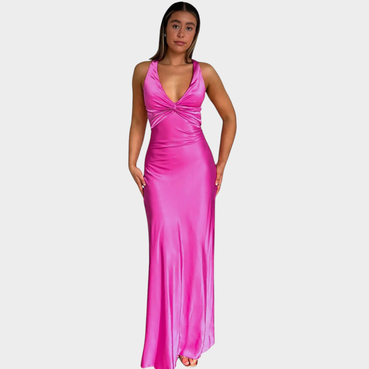 Women’s Satin Maxi Dress with Twisted Front and Open Back