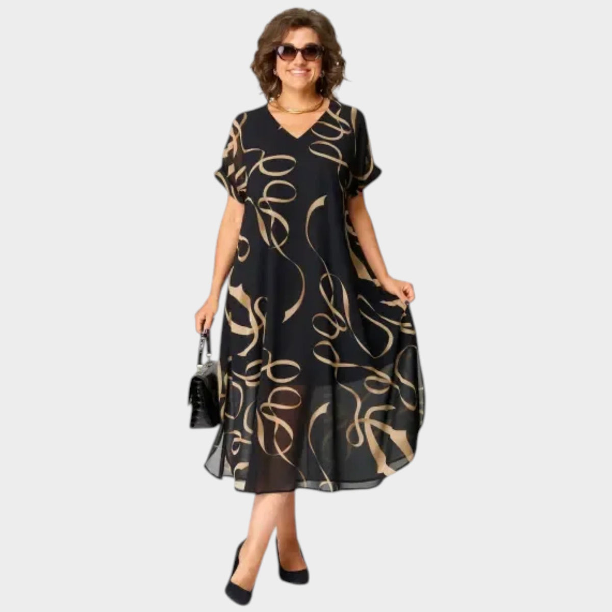 Women’s Printed Midi Dress V-Neck Short Sleeves Loose Fit