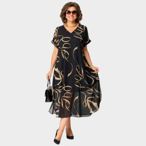 Women’s Printed Midi Dress V-Neck Short Sleeves Loose Fit