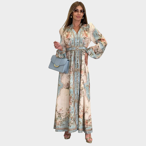 Women’s Floral Maxi Dress with Long Lantern Sleeves and Button Front
