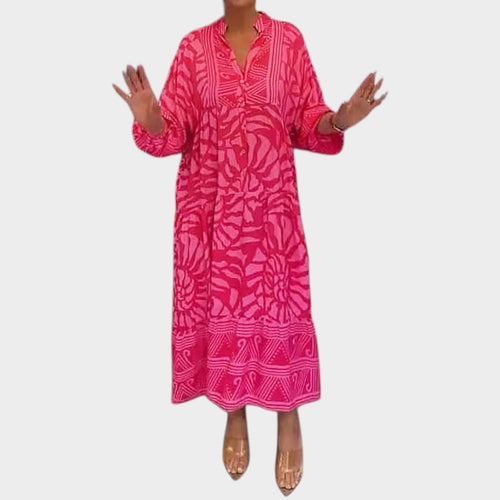 Women’s Floral Print Midi Dress with V-Neck and Long Sleeves