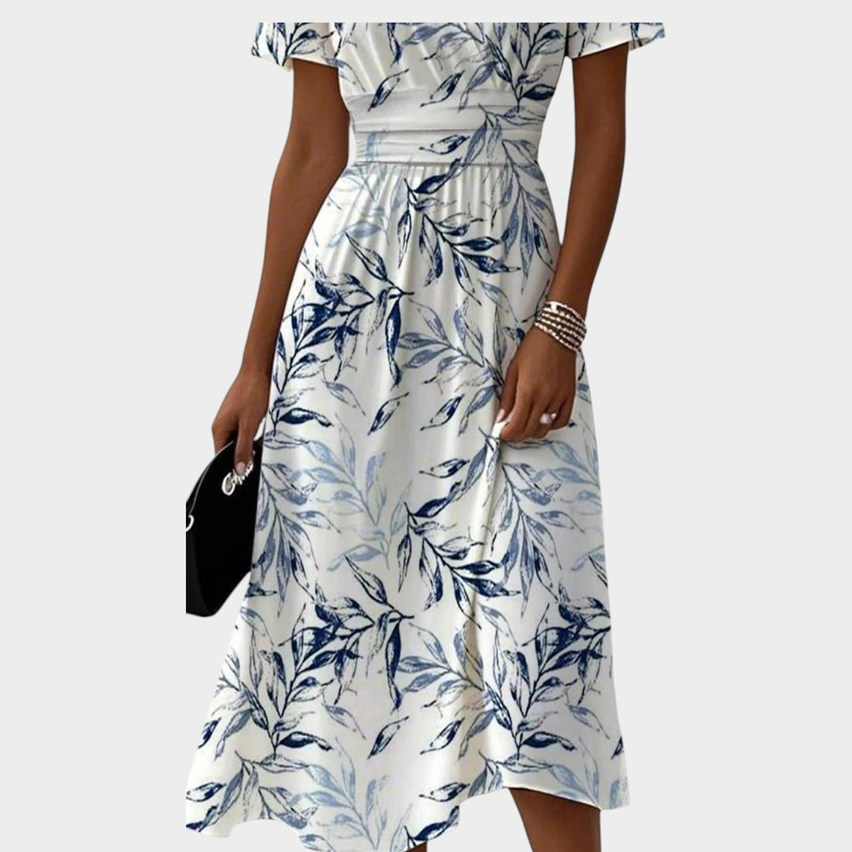 Women’s Floral Midi Dress with V-Neck and Cinched Waist