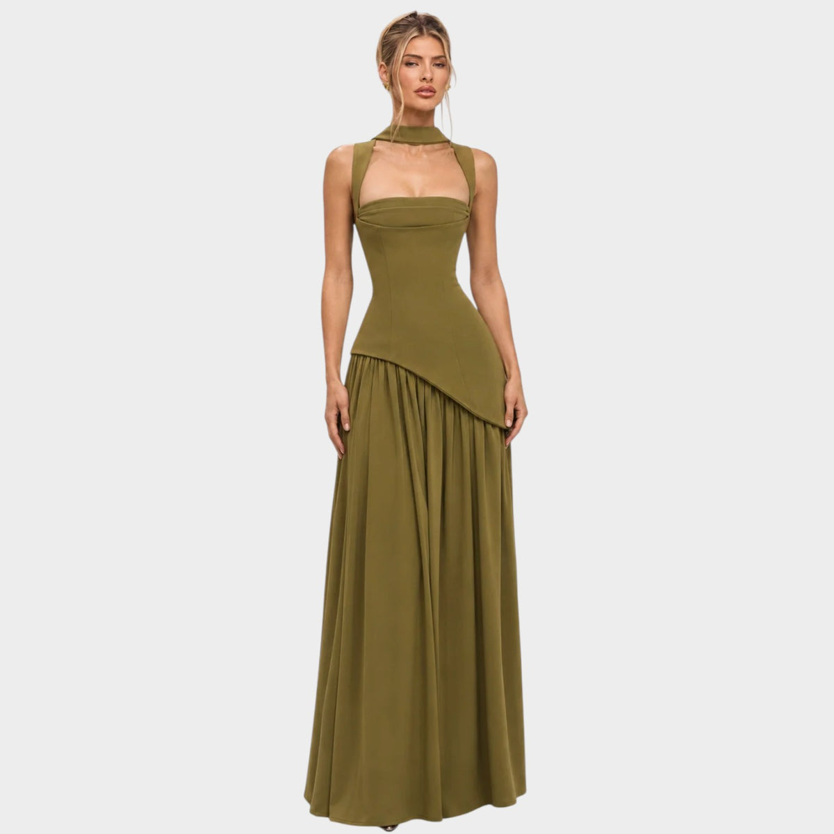 Women’s Strapless Maxi Evening Dress with Draped Bodice and High Slit