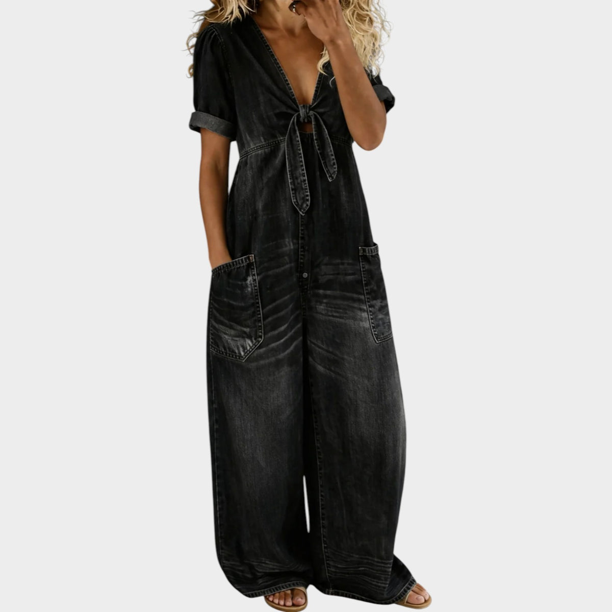 Women’s Denim V-Neck Jumpsuit with Short Sleeves and Wide Legs