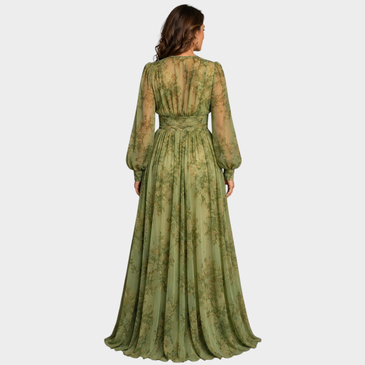 Women’s Floral Maxi Dress with V-Neck, Long Puff Sleeves and Ruffled Hem