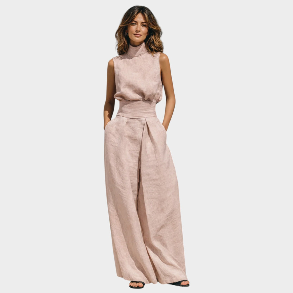 Women’s Two-Piece Linen-Cotton Set with Sleeveless Top and Wide-Leg Trousers
