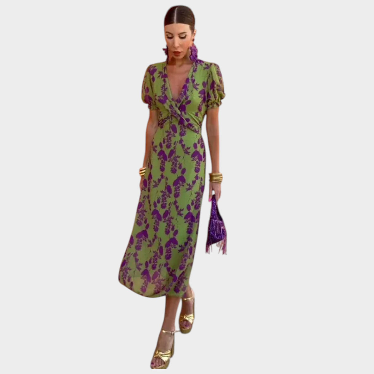 Women’s Floral Print Wrap Midi Dress with Short Puff Sleeves
