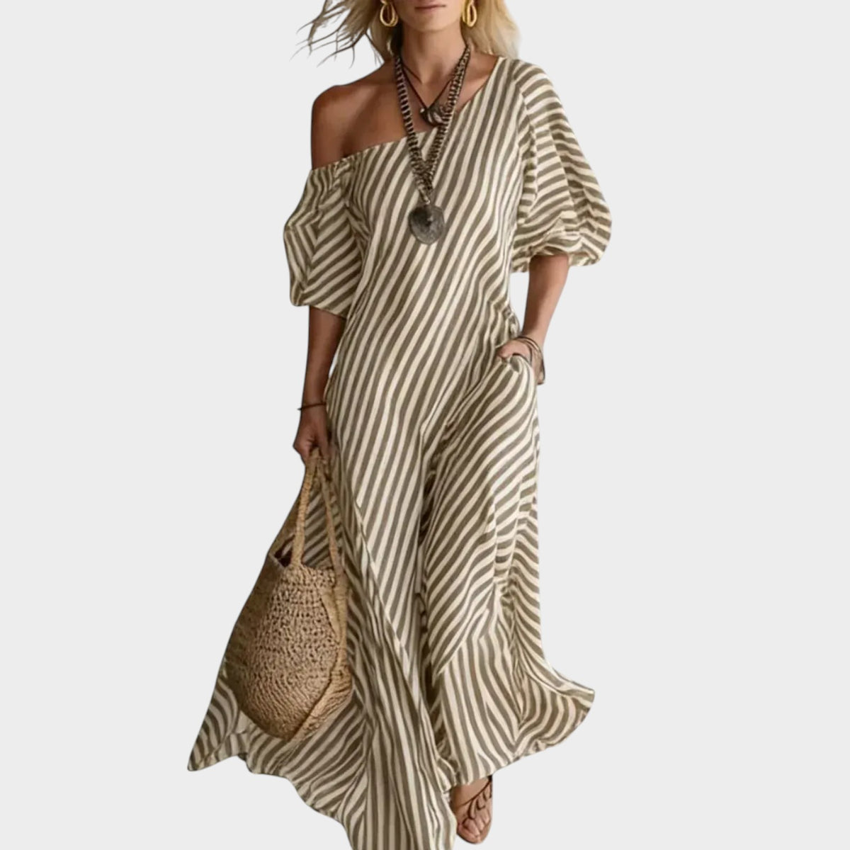 Women’s Striped Maxi Dress with One-Shoulder Neckline and Puff Sleeves