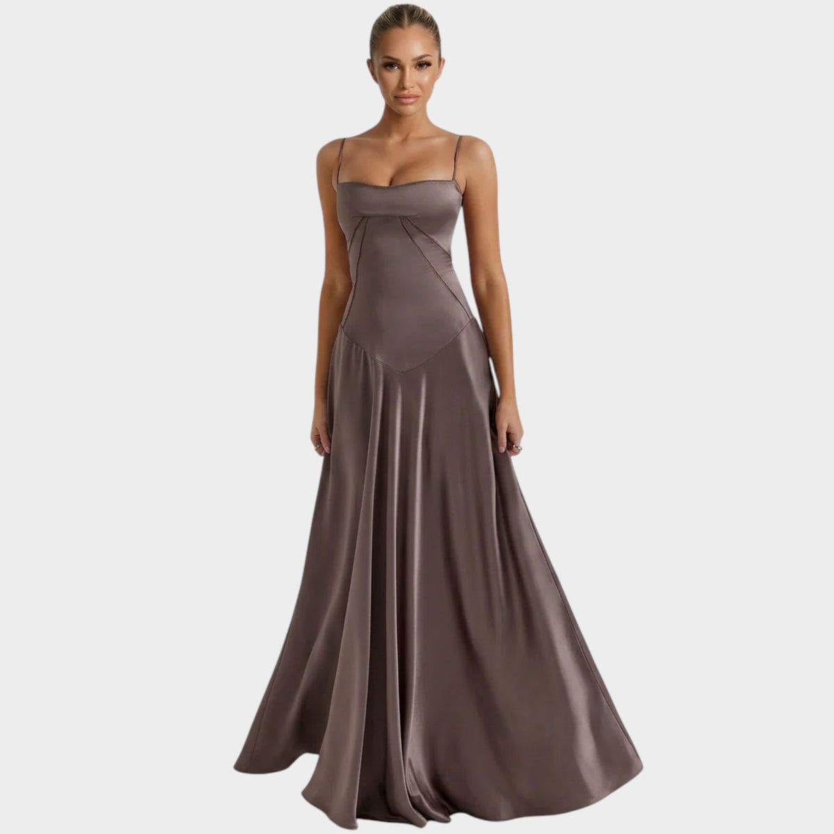 Women’s Satin Maxi Dress with Thin Straps Structured Bodice