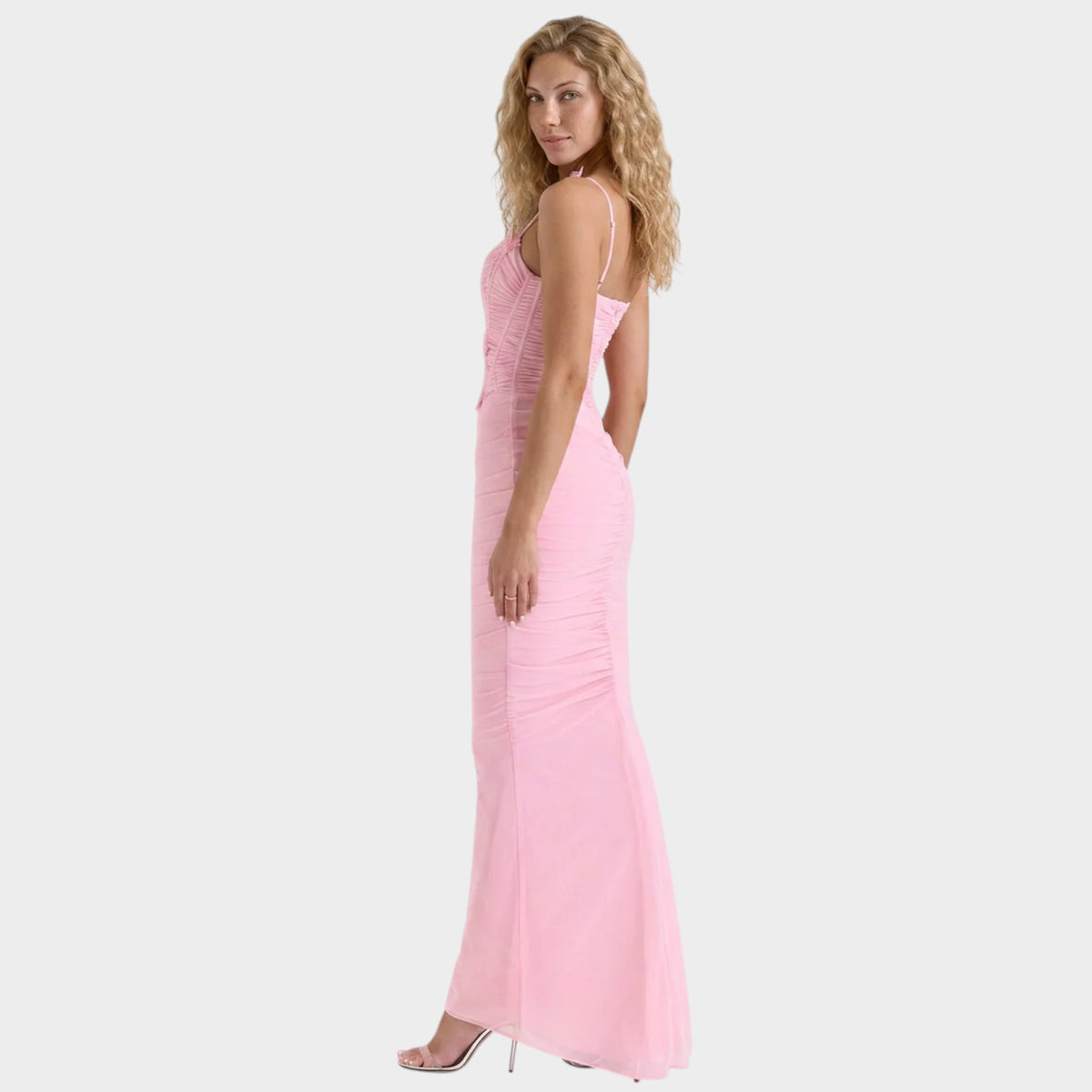 Women’s Mesh Corset Maxi Dress with Ruched Skirt and Butterfly Appliqué