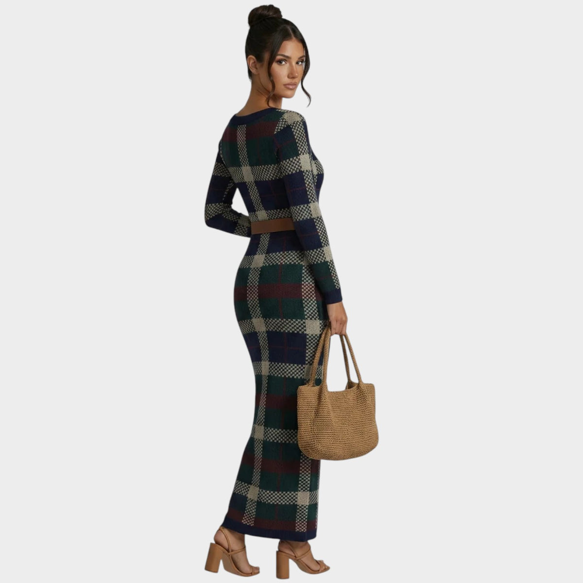 Women’s Check Knit Maxi Dress with Square Neck, Long Sleeves and Waist Belt