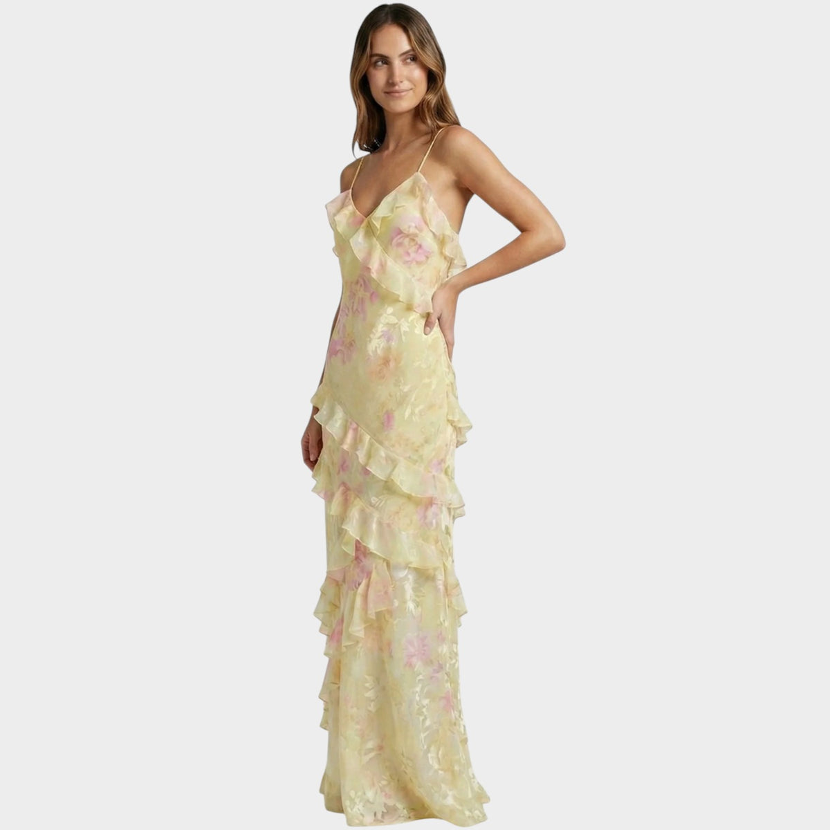 Women’s Floral Maxi Dress Ruffle Layers V-Neck Thin Straps