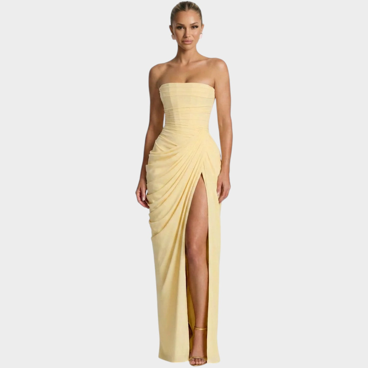 Women’s Strapless Maxi Dress with Gathered Bodice and Front Slit