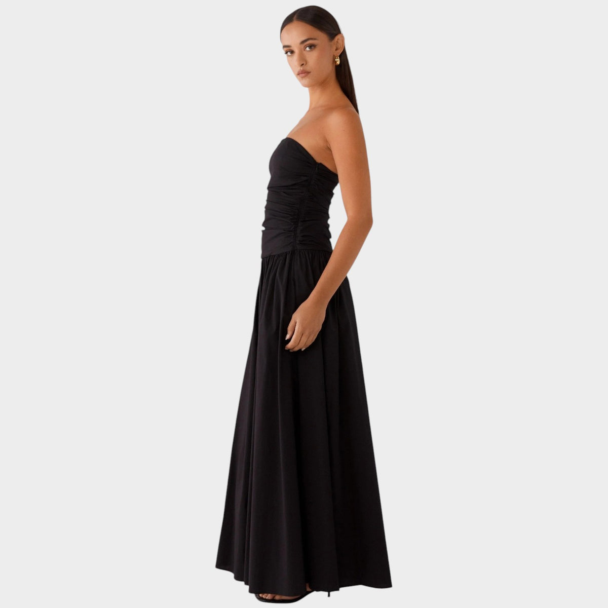Women’s Strapless Maxi Dress with Ruched Bodice Flowing Skirt