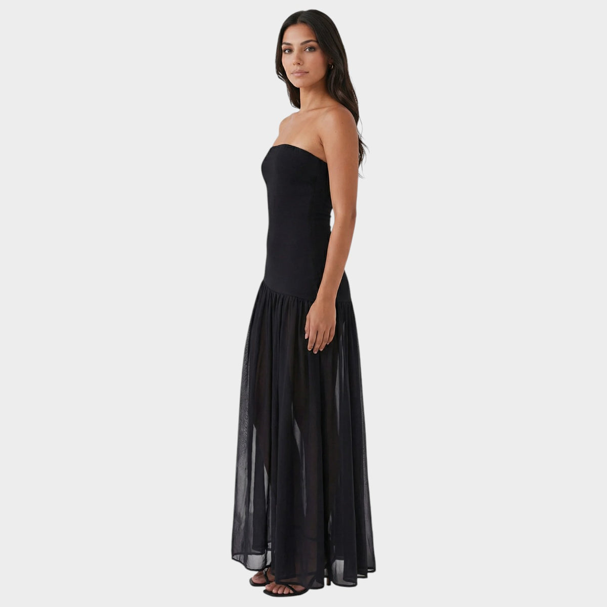 Women’s Strapless Maxi Dress with Gathered Skirt and Side Slit