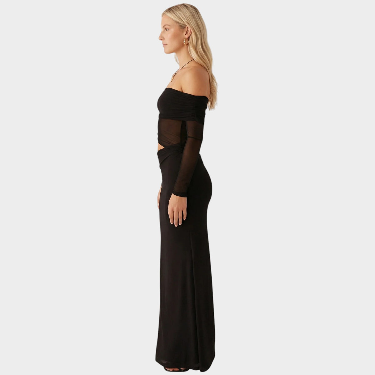 Women’s Off-Shoulder Maxi Dress with Sheer Long Sleeves and Side Cut-Outs