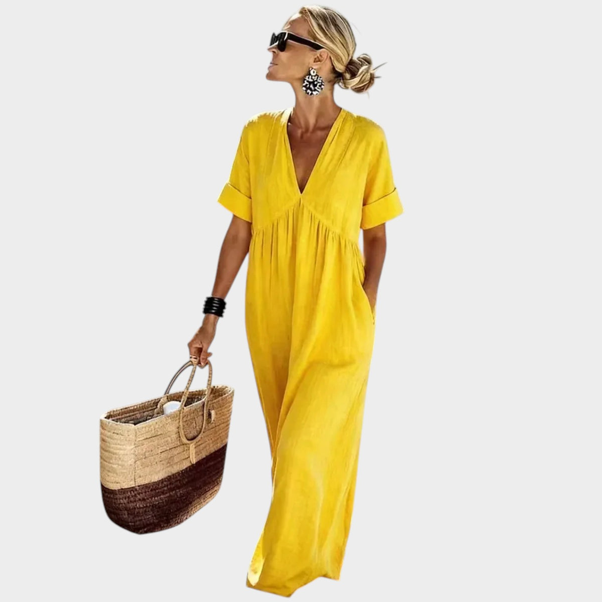 Women’s V-Neck Maxi Dress with Short Sleeves and Gathered Waist