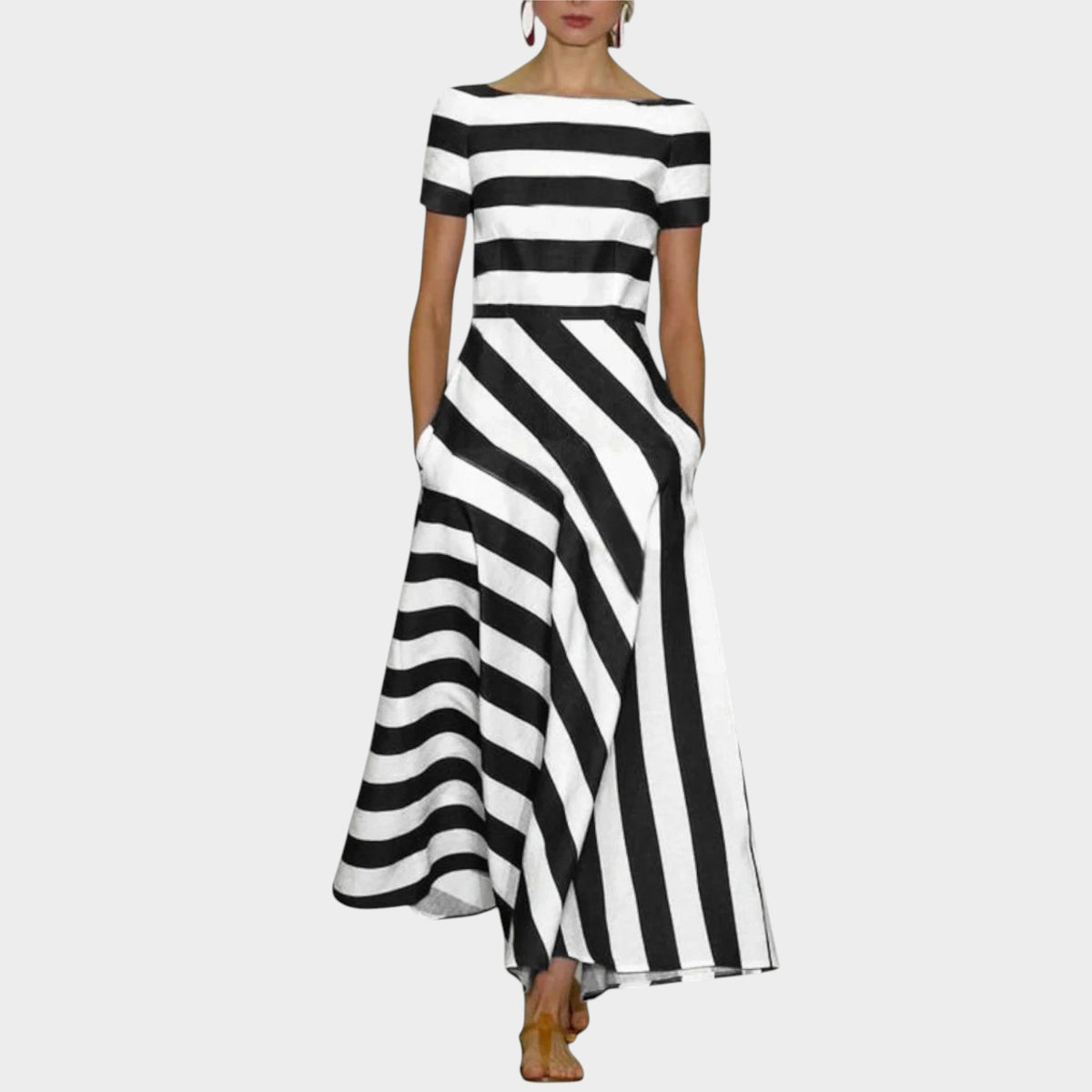 Women’s Striped Maxi Dress with Short Sleeves and Pockets
