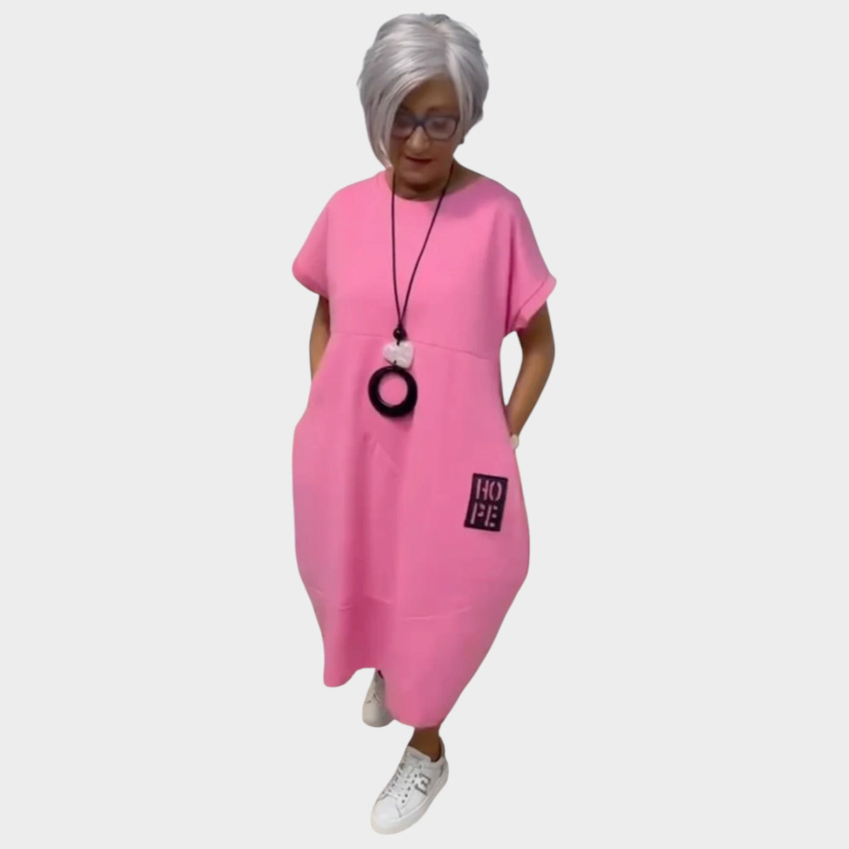 Women’s Loose Midi Dress Round Neck Short Sleeves Side Pockets Letter Print