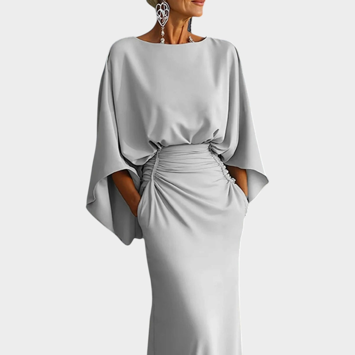 Women’s Maxi Dress with Boat Neckline, Cape Sleeves and Ruched Waist