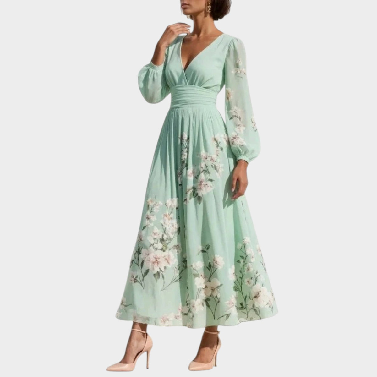 Women’s Floral Midi Dress with V-Neck and Long Sleeves
