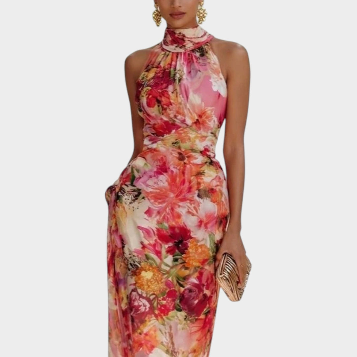 Women’s Floral Maxi Dress with Halter Neckline and Sleeveless Design