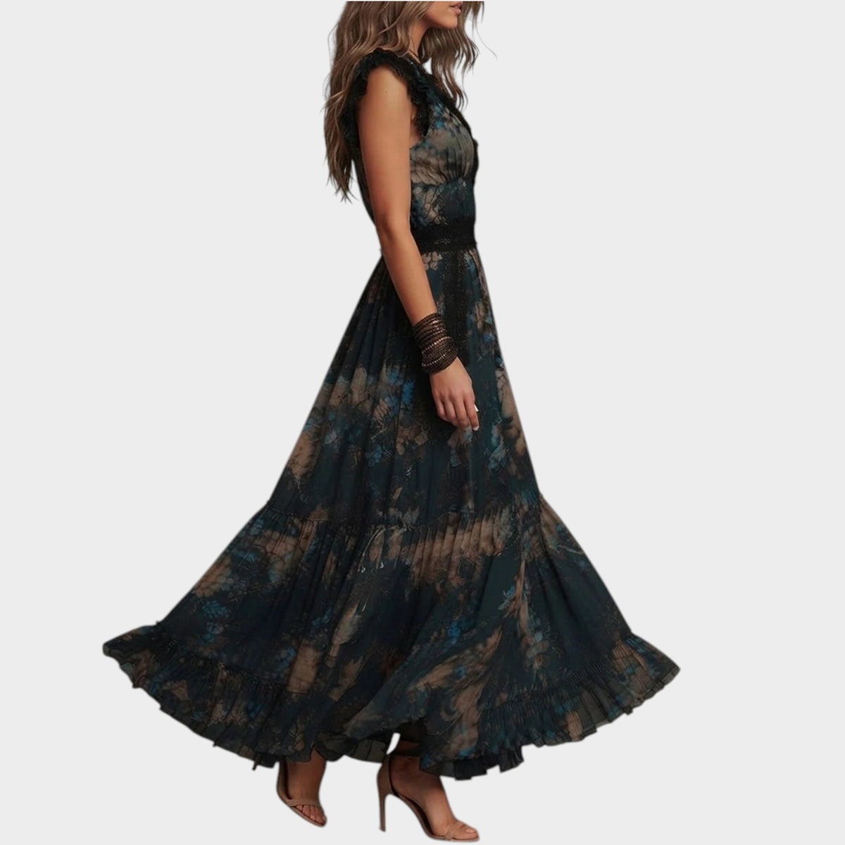 Women’s Floral Maxi Dress with Lace Trim, V-Neck and Tiered Skirt