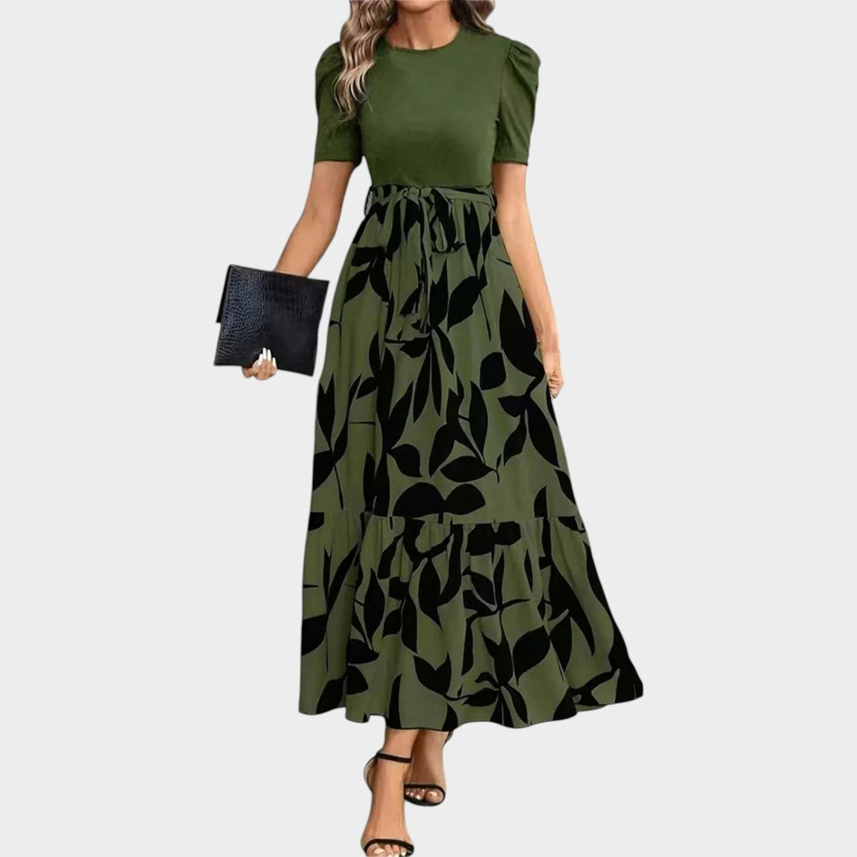 Women’s Tie-Waist Maxi Dress with Puff Sleeves and Abstract Print