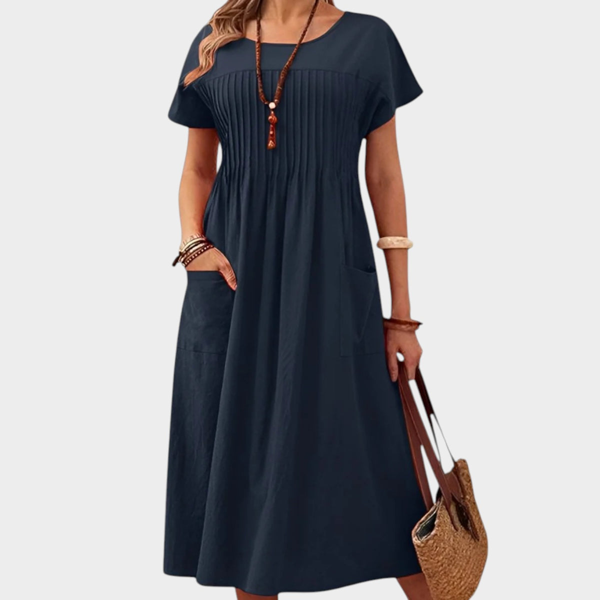 Women’s Midi Dress with Pleated Front and Side Pockets