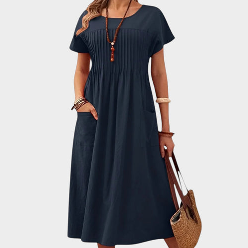 Women’s Midi Dress with Pleated Front and Side Pockets