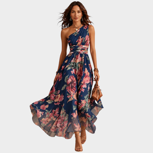 Women’s Floral Chiffon Maxi Dress with Crossover Waist and Asymmetric Hem