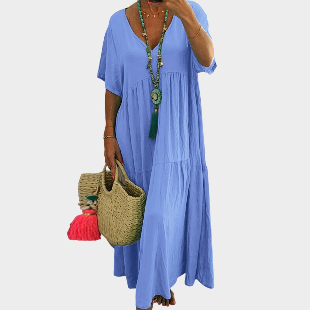 Women's Plus Size Maxi Dress with Short Sleeves and Layered Ruffle Hem