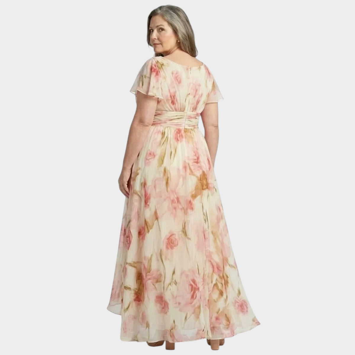 Women’s Floral Maxi Dress with V-Neck, Flutter Sleeves and Defined Waist