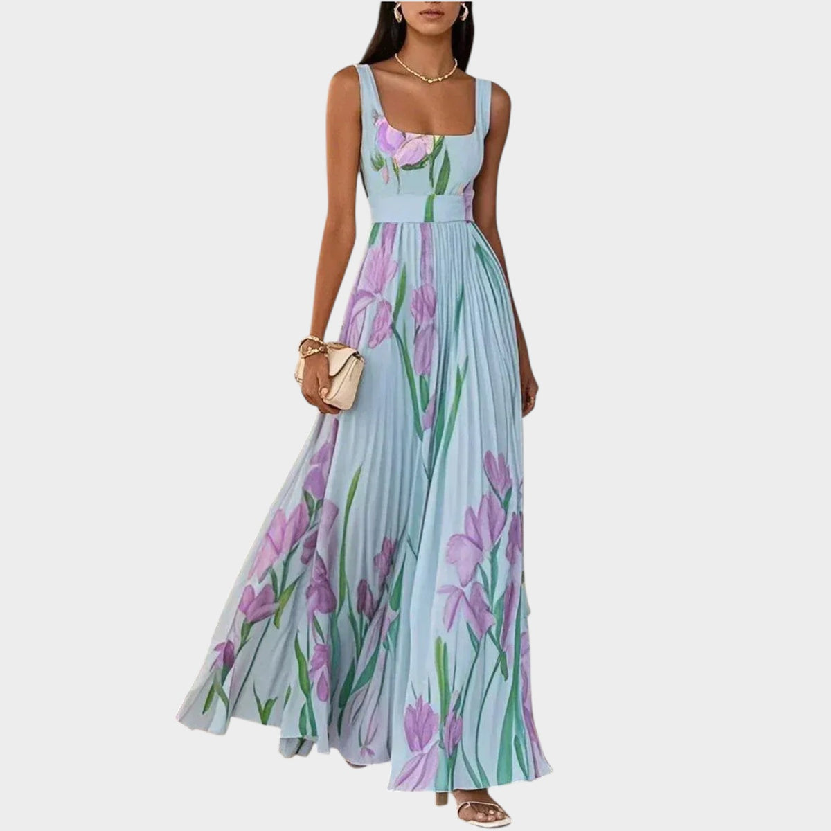 Women’s Floral Pleated Maxi Dress with Square Neckline and Wide Straps