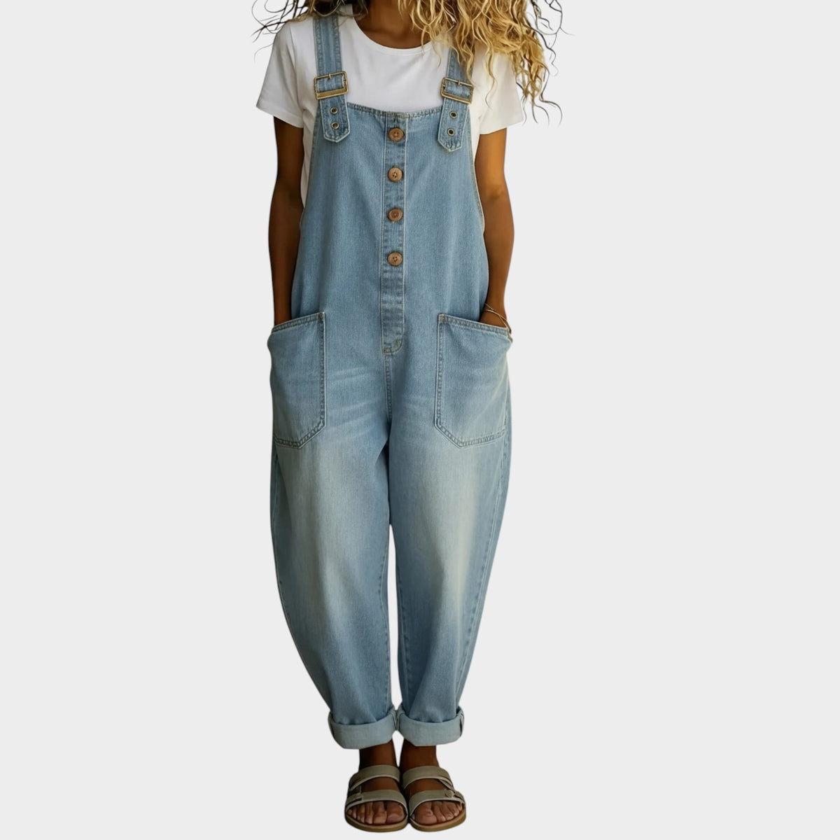 Women’s Denim Dungarees Wide-Leg Adjustable Buckle Straps