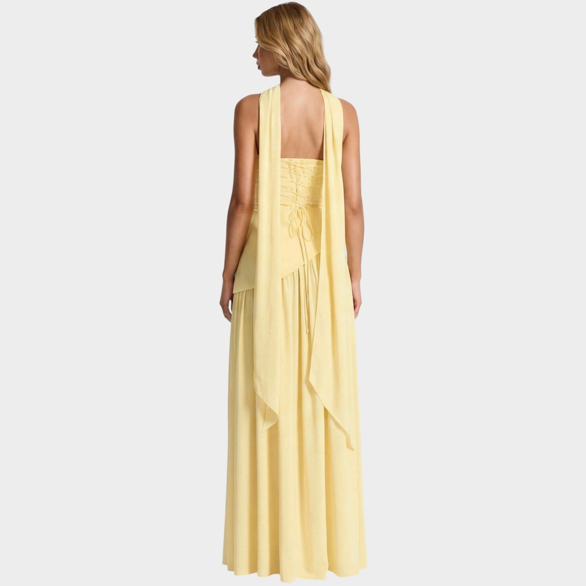 Women’s Strapless Maxi Dress with Draped Scarf Detail and High Slit
