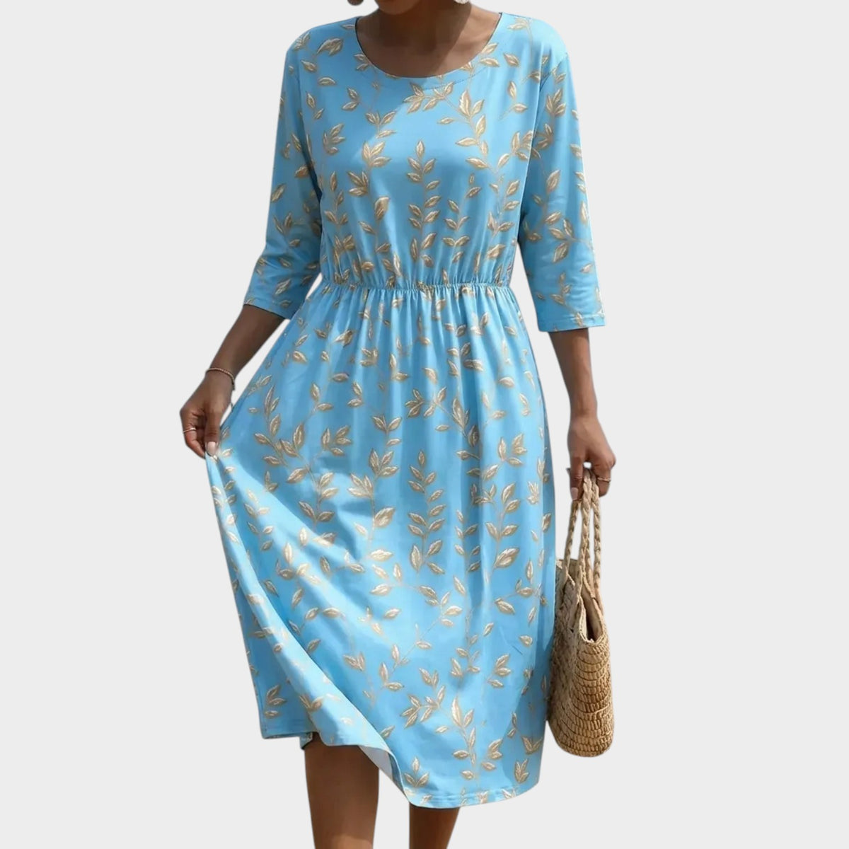 Women’s Floral Midi Dress with Round Neck and Elastic Waist