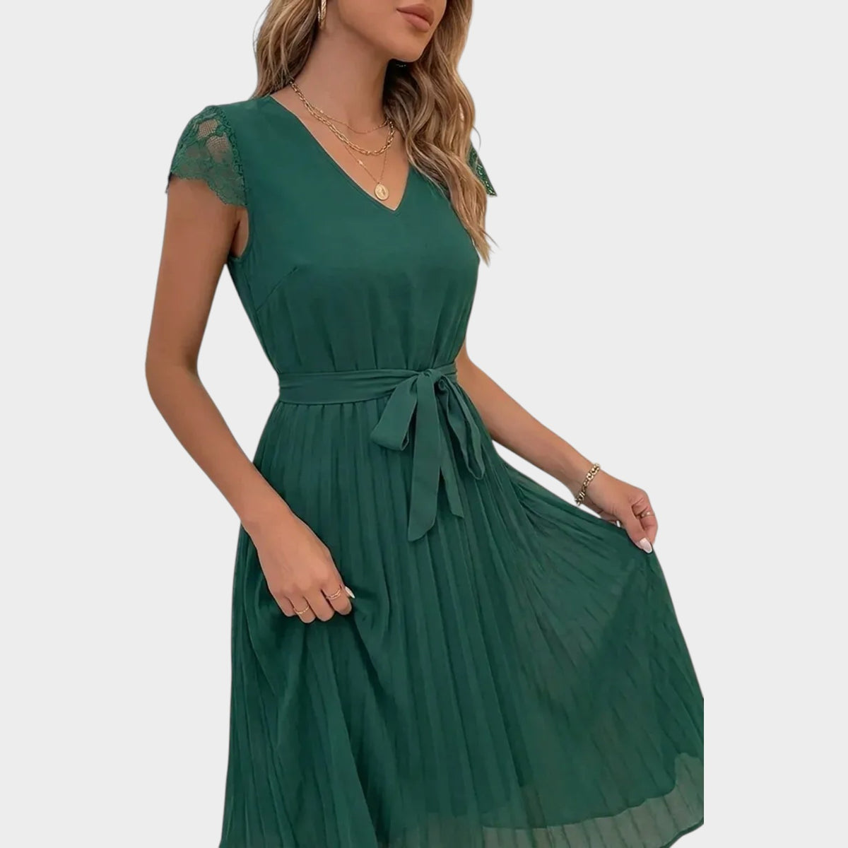 Women’s V-Neck Midi Dress with Lace Sleeves and Tie Waist