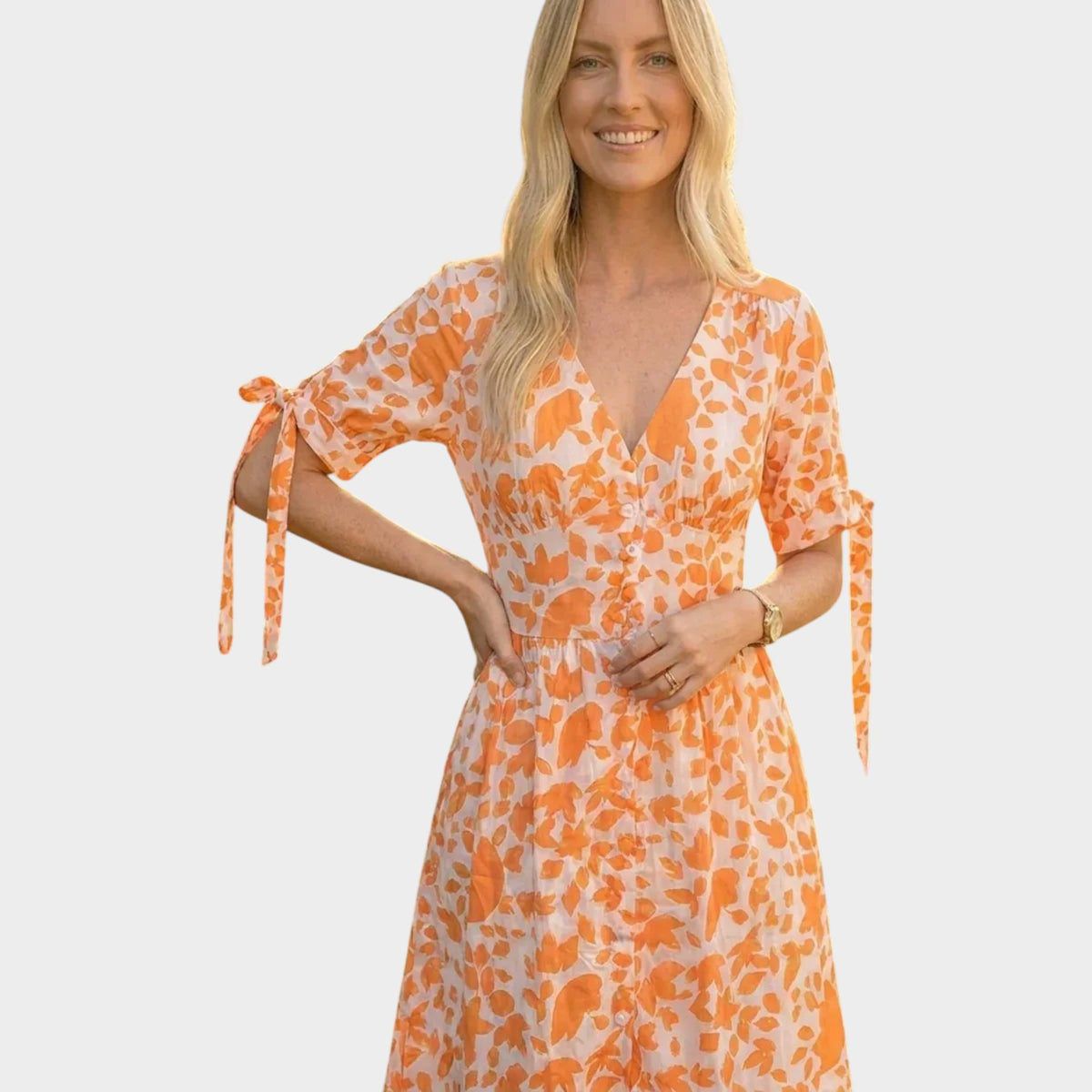 Women’s Floral Midi Dress with V-Neck and Short Sleeves