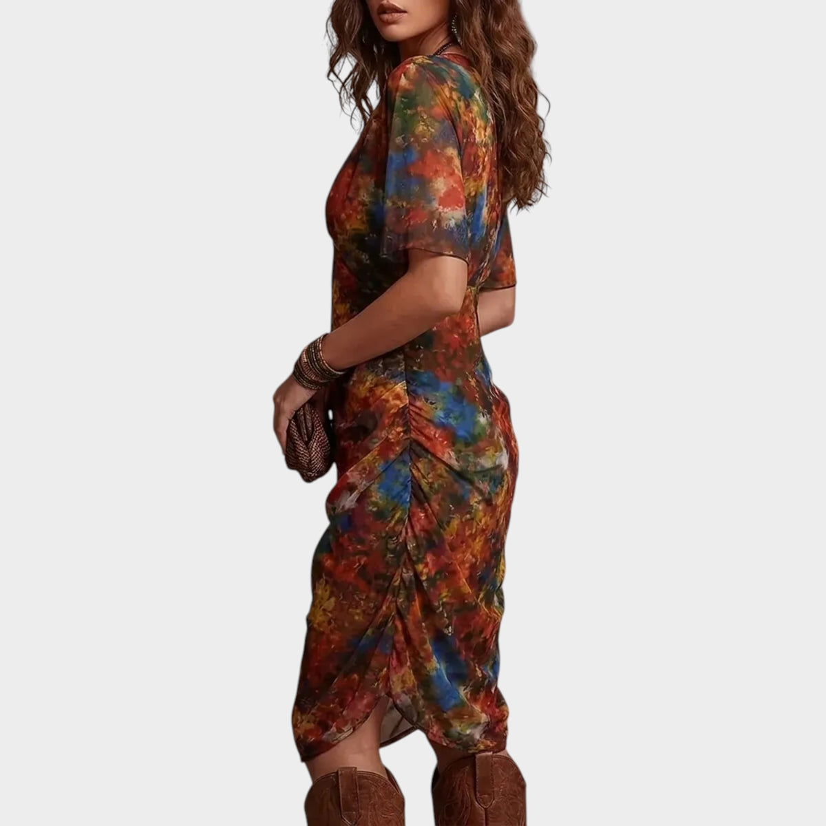 Women’s Abstract Print Midi Dress with V-Neck and Short Sleeves