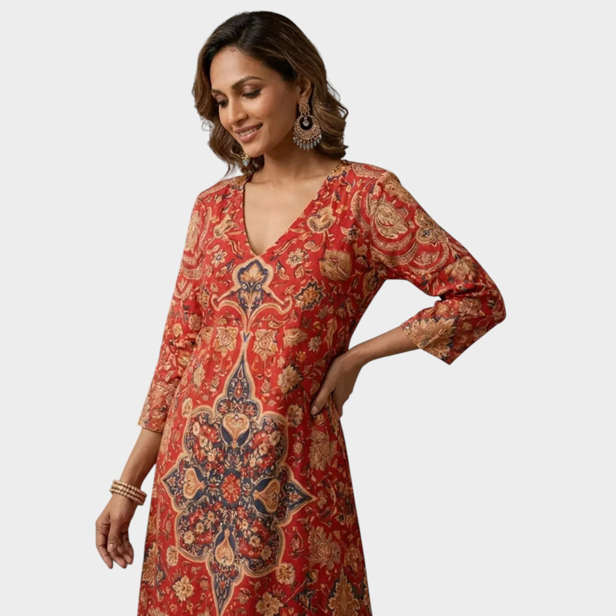 Women’s Floral Print Maxi Dress with V-Neck and Three-Quarter Sleeves