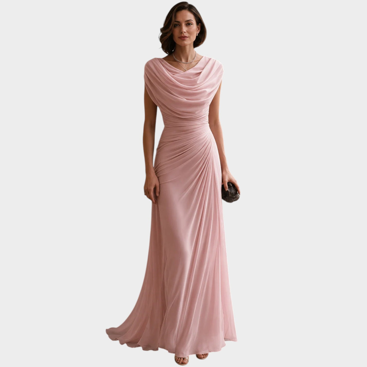 Women’s Ruched Maxi Evening Dress with Draped Cowl Neckline